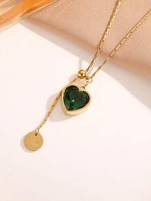 1件不锈钢复古祖母绿钻石心形吊坠项链，奢华简约钛钢可调节颈链，女士款 - 金黃色 - 查看 3
