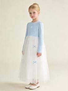 Balabala Mädchen Tüll Prinzessin Kleid mit Schleifen Dekor, Mädchen Party Kleid, Frühling 2026 - blauer Farbton - Übersicht 2