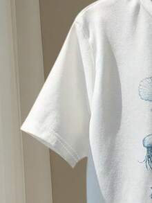 2 Peças Conjunto de Roupas com Tema Oceânico para Meninos Bebês, Roupas de Verão - Camiseta de Manga Curta com Estampa de Animais Marinhos para Menino Bebê + Shorts Listrados Azul e Branco para Menino Pequeno, Adequado para 0-1-2-3 Anos, 6-9 Meses Bebê, Uso Externo, Casual, Festa, Presente de Férias, Presente de Aniversário - Branco - Visão 4
