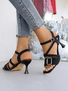 方形搭扣中跟凉鞋 - 黑色多带凉鞋，现代简约都市风格 - 黑色 - 查看 7