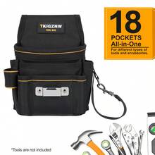 Tool Belt Pouch, Black Nylon With 18 Pockets, Adjustable Waist Belt, Tear Resistant 900D Material - Black - View 6