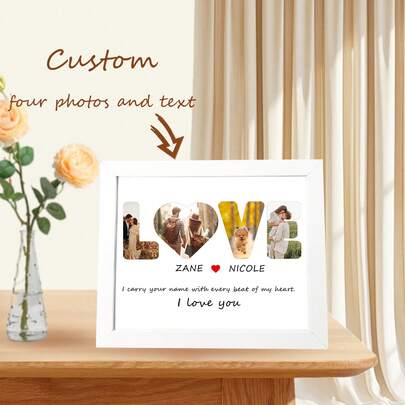 Marco de fotos con forma de AMOR personalizado con 4 fotos personalizadas con texto, regalo personalizado para pareja, marco de carta de amor personalizado para aniversario, Día de San Valentín - Collage personalizado de 4 fotos y texto, regalo romántico para novio, novia, esposo, esposa. Se puede personalizar el marco, regalo único para aniversario de boda, regalo perfecto para pareja en el Día de San Valentín, regalo de aniversario romántico con marco de carta de amor, regalo personalizado para aniversario de boda de la pareja
