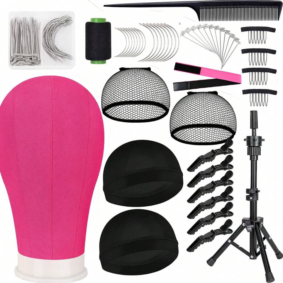 22 Inch Canvas Wig Head With Stand Canvas Mannequin Head With Wig Head Stand Manikin Head Block Set For Wigs Trimming Making Display With T Pins Set - Multicolor - View 1