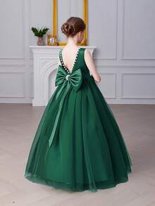 Tween Girl Bowknot Back Deep V Mesh Patchwork Princess Dress, Suitable For Birthday Party, Flower Girl, Wedding, Prom, Holiday And Other Special Occasions - Dark Green - View 3