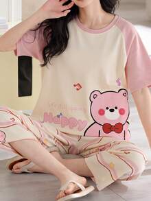 AICJ Bộ 2 món dành cho nữ và bé gái, gồm áo hồng in hình gấu hoạt hình dễ thương và chữ cái, quần lửng kẻ sọc, thích hợp mặc nhà mùa xuân/hè. - Nhiều màu - Xem 5