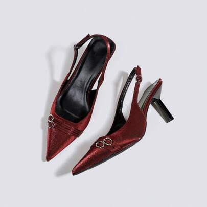 女士酒红色高跟鞋，派对高跟鞋，婚鞋，玛丽珍鞋，正式礼服鞋，尖头无后跟套穿式高跟鞋，时尚搭扣高跟鞋