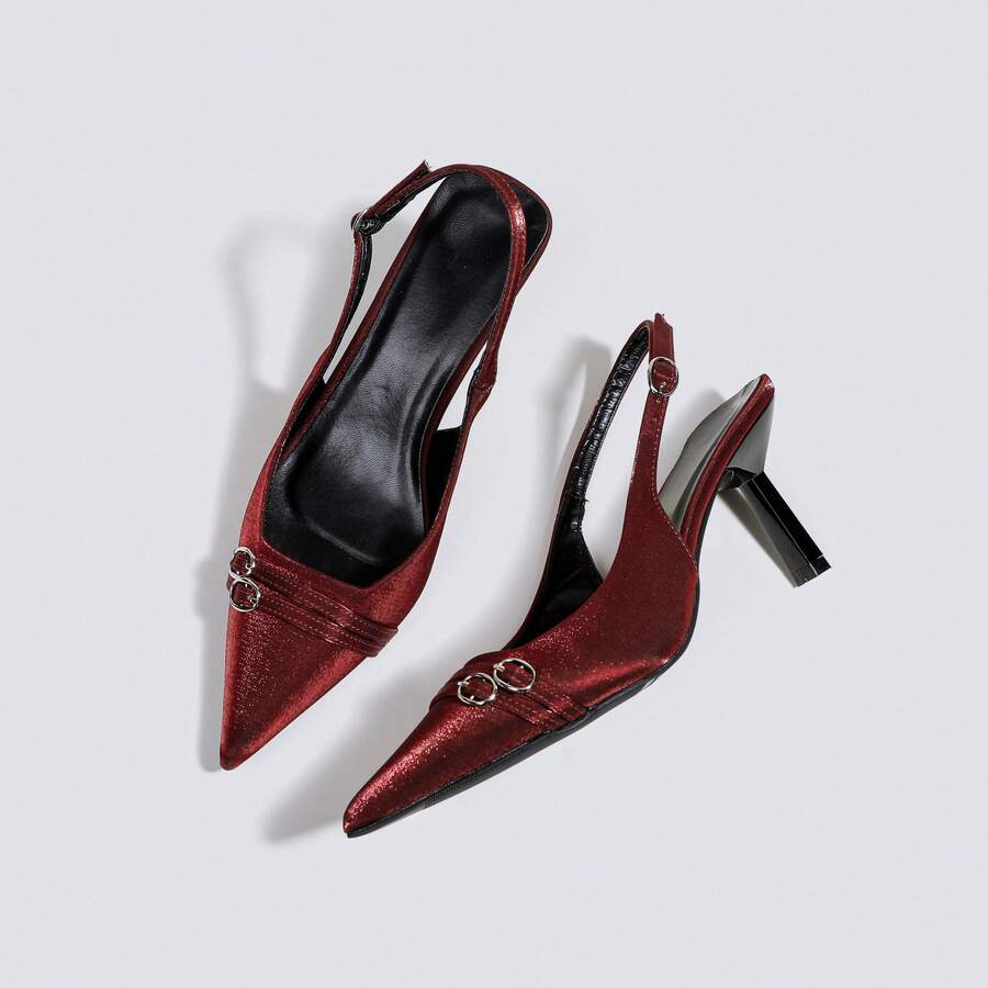 女士酒红色高跟鞋，派对高跟鞋，婚鞋，玛丽珍鞋，正式礼服鞋，尖头无后跟套穿式高跟鞋，时尚搭扣高跟鞋 - 酒紅色 - 查看 1