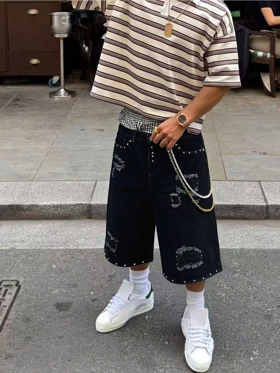 男士休闲时尚铆钉牛仔短裤 - 黑色 - 查看 1