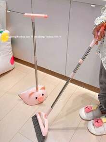 New Cute Pig Broom And Dustpan Set, 2024 New Extended Cleaning Tool 180° Rotation Cleaning Without Dead Angle, Stainless Steel Material + Silicone Strip Design Lightweight And Flexible, 4-Layer Extended Soft PET Bristles Durable - Pig Set - View 3