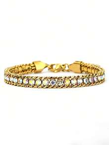 diffone Pulsera de cadena de acero inoxidable dorado de moda, accesorio de joyería unisex ajustable con diseño de pulsera de tenis de circonita cúbica - pulsera de cadena de acero inoxidable - Ver 6