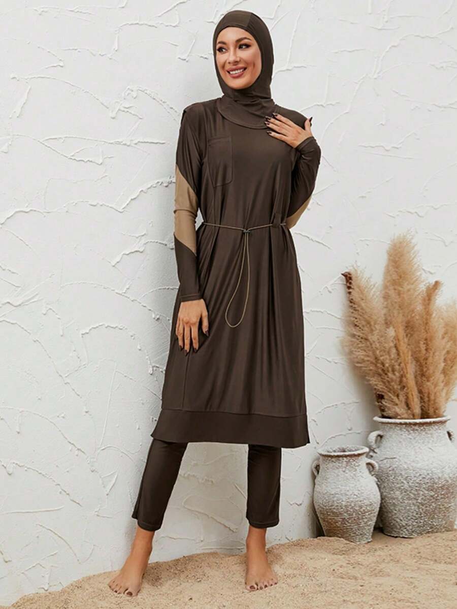 VFJ Bộ đồ bơi ba mảnh Burkini phối màu, cổ tròn, co giãn tốt, dành cho nữ, quần cạp cao, phù hợp cho trang phục bơi kín đáo. Thích hợp cho kỳ nghỉ hè ở bãi biển.