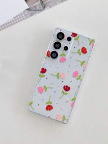 1pc Fashionable Creative Full-Screen Red Polka Dot Tulip Flower Pattern Transparent Soft TPU Shockproof Anti-Scratch Anti-Fingerprint Phone Case, Camera Lens Protection Suitable Compatible With Samsung, Nothing, Pixel, , - Multicolor - View 3
