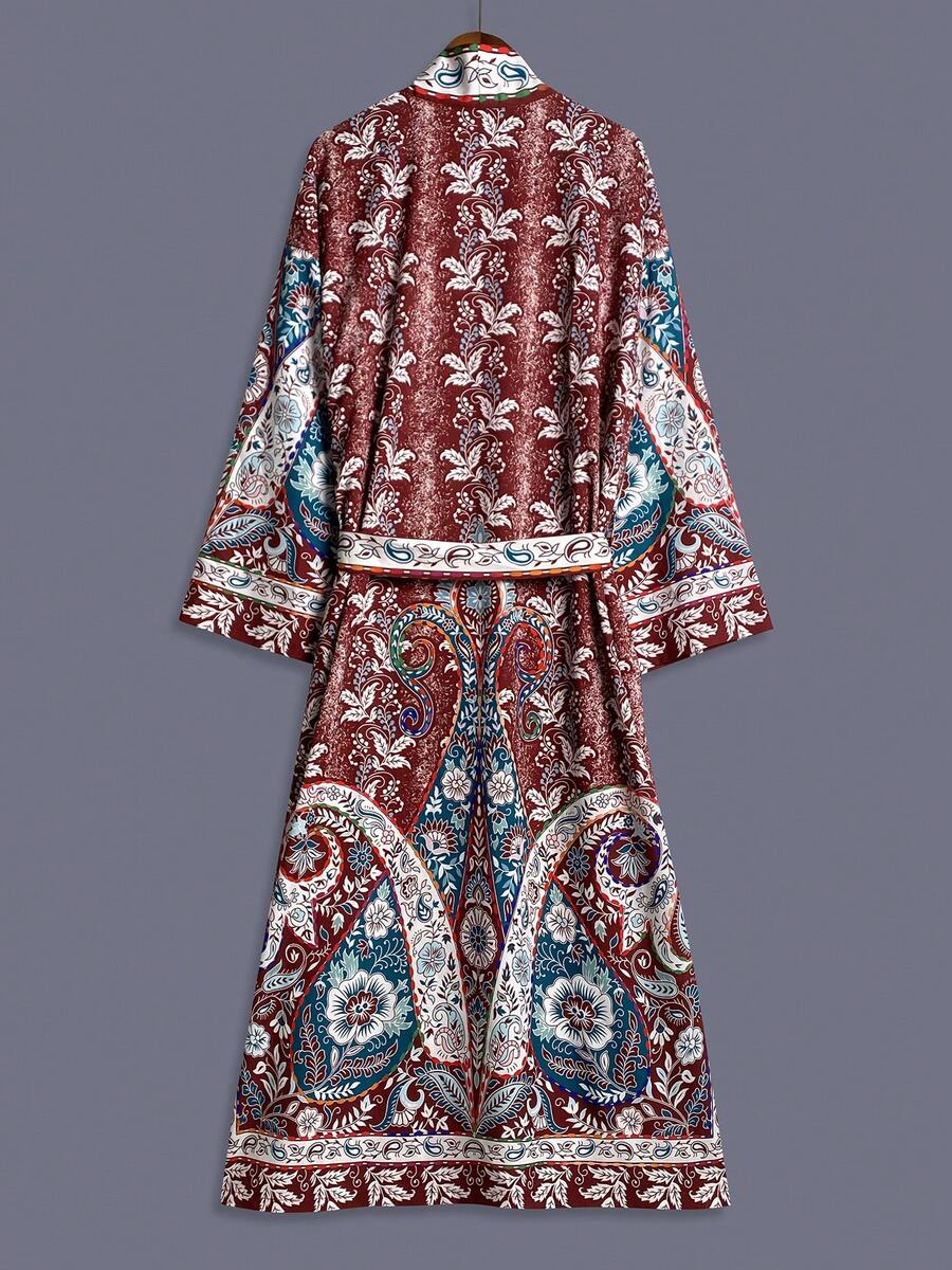 Traditional Cashew Flower Patterned Mid-Length Kimono Cover Up Thin Jacket, Women Elegant Street Casual Loose Outerwear, Suitable For Beach, Travel, Vacation, Robe, Party, Dress - Coffee Brown - View 1