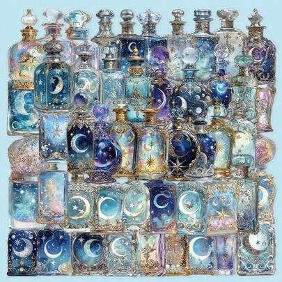 (50PCS+Sticker Box) Retro Starry Sky Magic Moon Bottle 2D Transparent PET Stickers, Vintage And Exquisite Bottle Design, Adopting Semi-Transparent Visual Design With A Gradient Blue-Purple Color Scheme, Suitable For Scrapbooking, Diaries, Water Bottles, Laptops, Phones, Weddings, Easter, Carnivals, Valentine's Day, Offices, Rooms, Wall Decor, Posters, Back To School, Round Stickers, Tile Stickers, Sticker Albums, Etc.