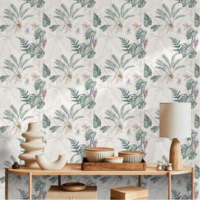 1 Roll Of Green Jade Leaves, Peeled And Pasted Wallpaper, Tropical Plants, Palm Leaf Contact Paper, Waterproof, Self-Adhesive, Detachable Floral Bohemian Vinyl Roll, Suitable For Bathroom, Bedroom, Living Room, Kitchen, Home Decoration