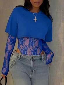 Women's Sexy Sheer Lace Short Sleeve Crop Top, Solid Color Lace Patchwork See-Through Sexy Bodysuit For Daily Wear, Dating, Single Party, Stage Performance, Spring/Summer Elegant - Blue - View 7