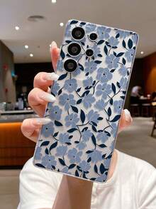 1pc Blue Floral Pattern Android Phone Case, Precise Cutout Camera Protection Suitable Compatible With Samsung, Nothing, Pixel, - Clear - View 1