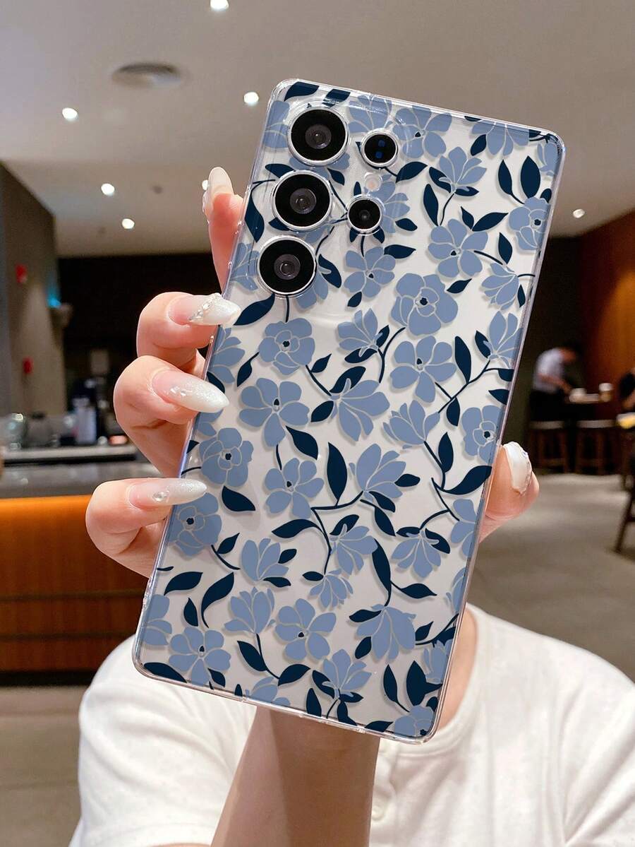 1pc Blue Floral Pattern Android Phone Case, Precise Cutout Camera Protection Suitable Compatible With Samsung, Nothing, Pixel, - Clear - View 1