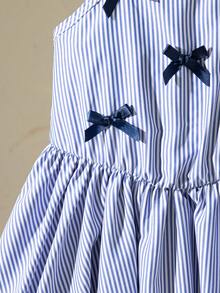 Vestido casual de verano para niñas bebé con nuevo diseño lindo, decorado con moño, a rayas, parche floral con volantes, estilo princesa adecuado para uso al aire libre - azul real - Ver 9