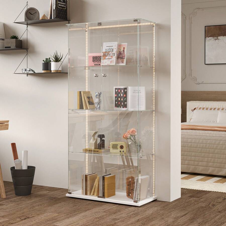 Creahappy Vetrina in vetro, 4 ripiani con ripiani a battente, vetrina, vetrina in vetro, mobiletto, vetrina da collezione, vetrina in vetro per soggiorno, mensola per soggiorno (doppie ante, bianca) - Bianco 1 pz. - Visualizzare 1