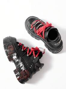 Thick Bottom Platform Outdoor Sport Shoes, Graffiti Punk Large Size Women Casual Sneakers, Metal Decoration All Match Retro Gothic Shoes, Mujer Tennis Trainers - 黑色 - 查看 6