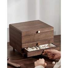 Wooden Jewelry Box, 3 Layer Large Jewelry Organizer For Women, Black Walnut Wood, Jewelry Storage For Necklaces Rings Earring Watches Bracelets Christmas Gifts(No Mirror) - 預設 - 查看 4