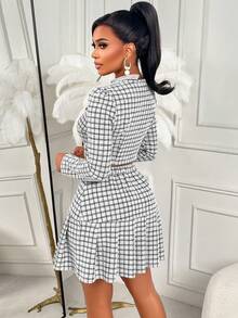 Women's Elegant Plaid Long-Sleeve "Rich Lady" Style Suit With Ruffled Hem - Perfect For Daily Dates & Office Looks - Black and White - View 2