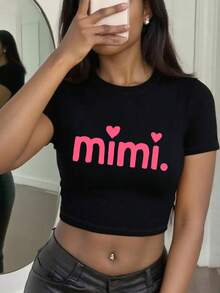 Women's Mimi Crop Top Short Sleeve Crew Neck Fitted T - Shirt With Heart Print - Cute Casual Summer Graphic Tee - 黑色 - 查看 1