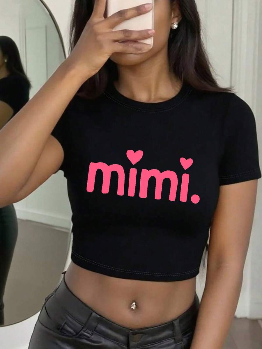 Women's Mimi Crop Top Short Sleeve Crew Neck Fitted T - Shirt With Heart Print - Cute Casual Summer Graphic Tee - 黑色 - 查看 1