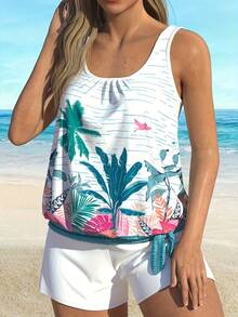 2026 New Arrival: Festival-Ready Casual Resort Style Sunset Gradient Palm Tree Print Women's Tankini Set With Round Neckline - 彩色 - 查看 3