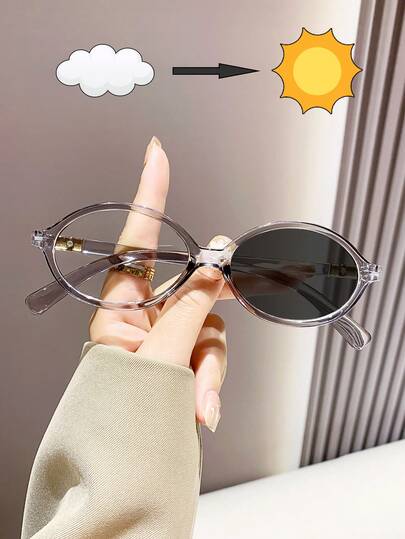 Photochromic Sunglasses Clear To Light Grey For Women Men, Retro Oval Plastic Frame Classic Fashion Glasses, UV & Blue Light Blocking Shades For Beach Travel Driving Computer Gaming Daily Wear