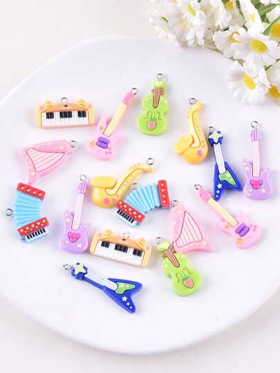 16pcs Mixed Music Festival Guitar Accordion Instrument Resin Jewelry Pendant Earrings Necklace Charms DIY Accessories For Women