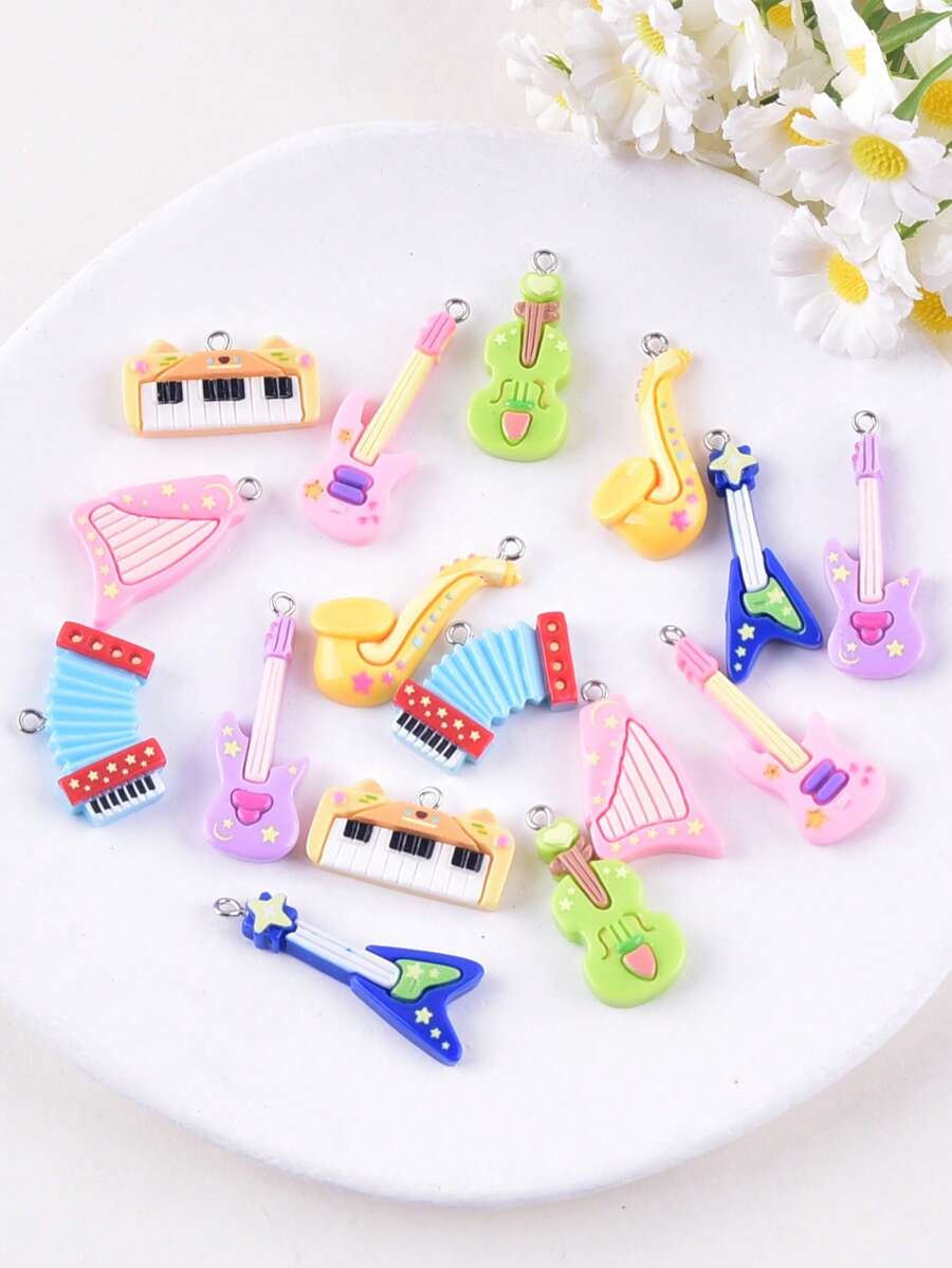 16pcs Mixed Music Festival Guitar Accordion Instrument Resin Jewelry Pendant Earrings Necklace Charms DIY Accessories For Women - Multicolor - View 1