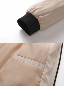 Men's Stand Collar Zip-Up Baseball Jacket, Bomber Jacket Spring - Khaki - View 6