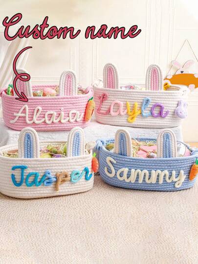 Personalized Name Easter Cotton Rope Basket, Custom Bunny Basket, Unisex Easter Egg Hunt Gift, First Easter Basket, Suitable For Easter Decorative Gift Basket