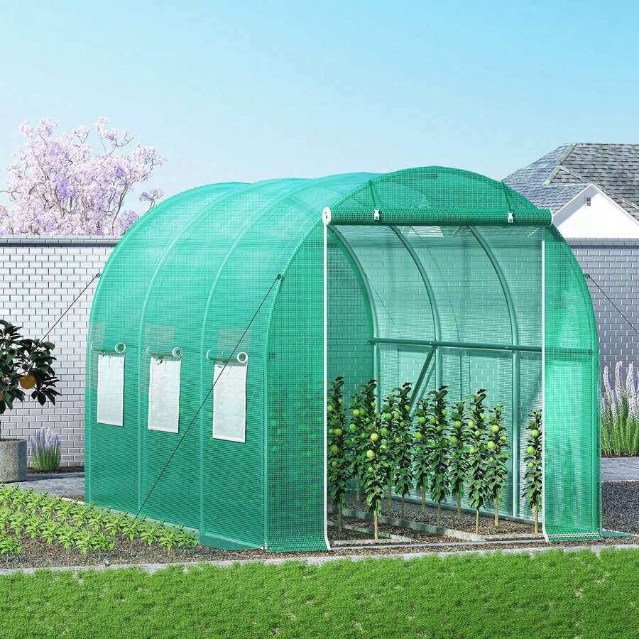 Walk-In Tunnel Greenhouse, 10 X 7 X 7 Ft Portable Plant Hot House With Galvanized Steel Hoops, 1 Top Beam, Diagonal Poles, Zippered Door & 6 Roll-Up Windows, Green - 綠色 - 查看 1