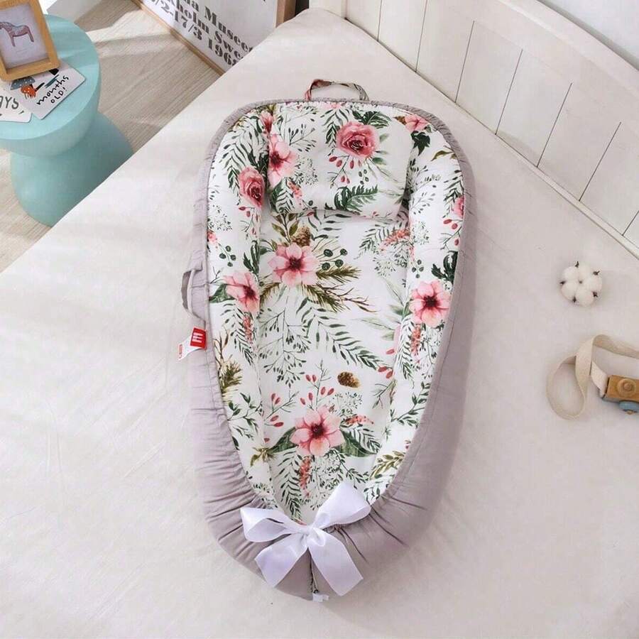 1 件装花朵图案便携式婴儿睡窝，超柔软舒适，带枕头 - 彩色 - 查看 1