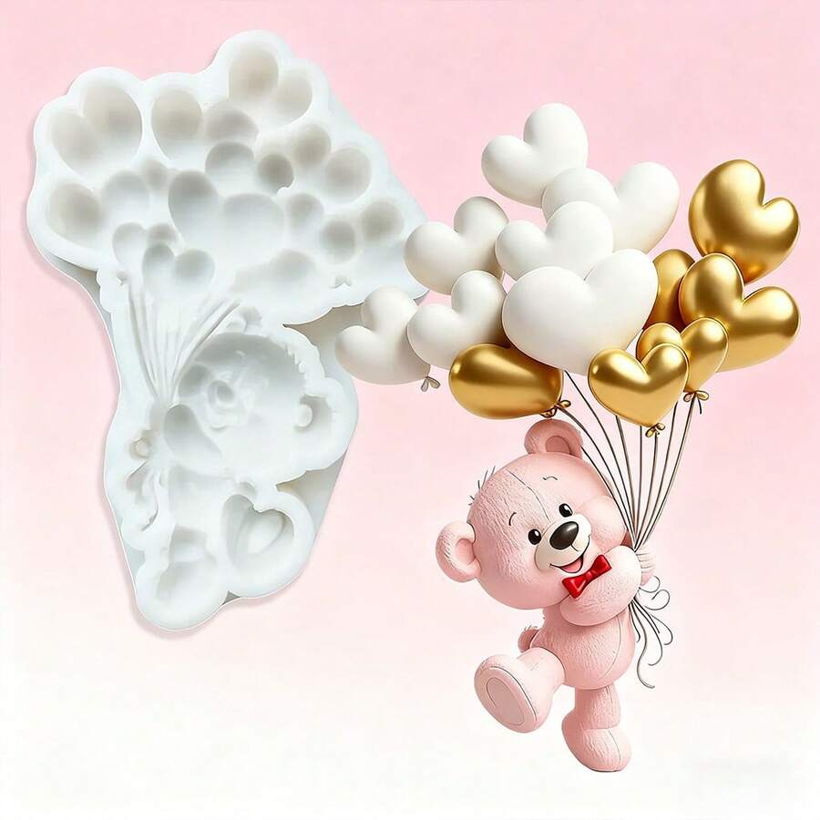 A Silicone Mold Shaped Like A Bear Holding A Balloon, Used For Making Plaster, Soap, Clay, And Resin Crafts, Decorations, Valentine's Day, Easter, Eid Home Decor, DIY Holiday Gifts, Reusable, And Easy To Demold. - White - View 1