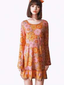 1 套万圣节复古 70 年代 80 年代嬉皮士服装连衣裙，花卉印花连衣裙，适合派对和舞台使用（不包括耳环和项链） - 印花 - 查看 12