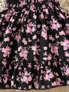 Baby Girl Floral Print Spaghetti Strap Bow Ruffle Hem Fashion Party Dress - Pink - View 7