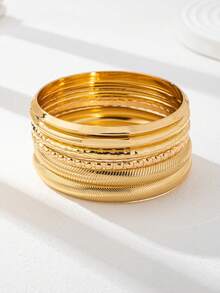 6件套金色可叠戴手镯套装 - 多款式金属手镯，适合日常佩戴、派对、约会等场合 - 金色 - 查看 2