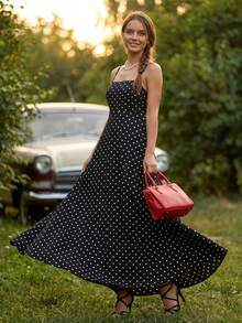 Vestido lencero de verano para mujer, sin mangas, con estampado de lunares, tirantes finos, espalda descubierta, largo, corte A, con bolsillos - Negro - Ver 10