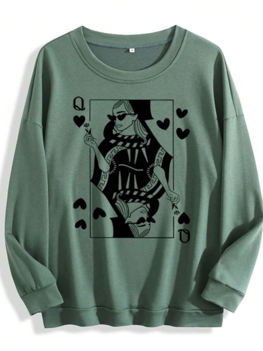 Women's Queen Of Hearts Playing Card Print Lightweight Crewneck Sweatshirt, Casual Thin Pullover Top, Valentines Day,  Sweatshirts, Cute Valentine - 軍綠色 - 查看 1