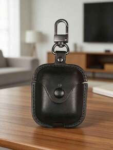 1pc Black Leather Bluetooth Headphone Case + Carabiner Clip, Compatible With Apple 1/2/3/Pro 2 Protective Case - Black - View 1