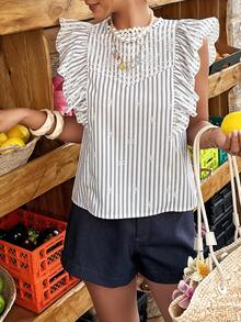 条纹刺绣荷叶边法式时尚衬衫，优雅休闲度假装，适合日常、度假、约会、外出等场合。 - 彩色 - 查看 2