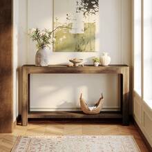 LITTLE TREE 160cm Extra Long Rustic Farmhouse Console Table, Narrow Hallway Sofa Table With 2 Shelves For Entryway & Living Room - Brown - View 6