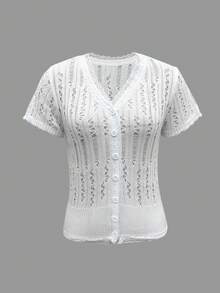 Women's New White French V-Neck Hollow Button Down Short Sleeve Cardigan, Fashionable Casual Minimalist High-End Versatile Basic Daily Fresh Sweater, Spring And Summer - White - View 4