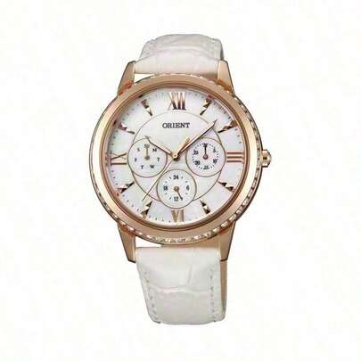 Orient Women's Luxury Rose Gold Crystal Edged Watch, Elegant White Leather Band Multifunctional Wristwatch, FSW03002W0