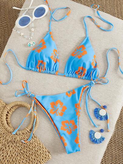 Nuevo conjunto de bikini sexy de fiesta con estampado reversible y atar al cuello, traje de baño de moda de verano para mujer