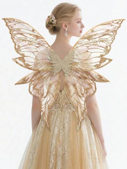 Fairycore 美学橙色闪光蝴蝶翅膀，闪亮透明公主天使翅膀，适合女性和女孩，是万圣节服装、角色扮演、节日狂欢和摄影道具的完美之选。